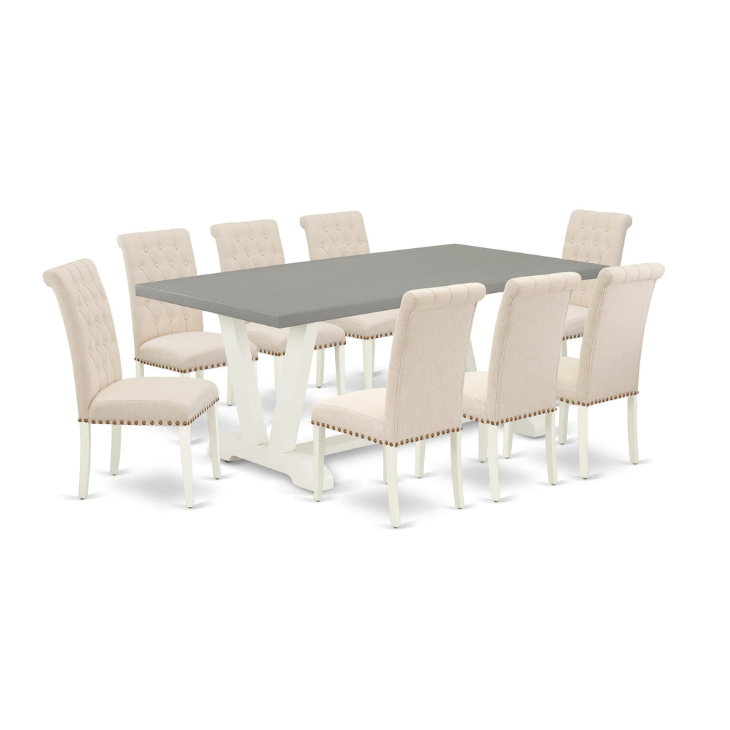 V097BLKAD-U 9-Piece Dining Ensemble with V-Leg Table & 8 Linen Parsons Chairs, Multi