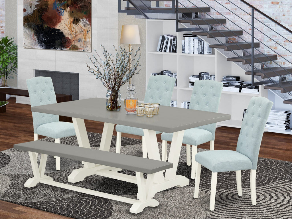 V097CDPE7-I Dining Set 6 Piece Set with Rectangle Table, V-Legs, 4 Light Blue Upholstered Chairs, & Bench
