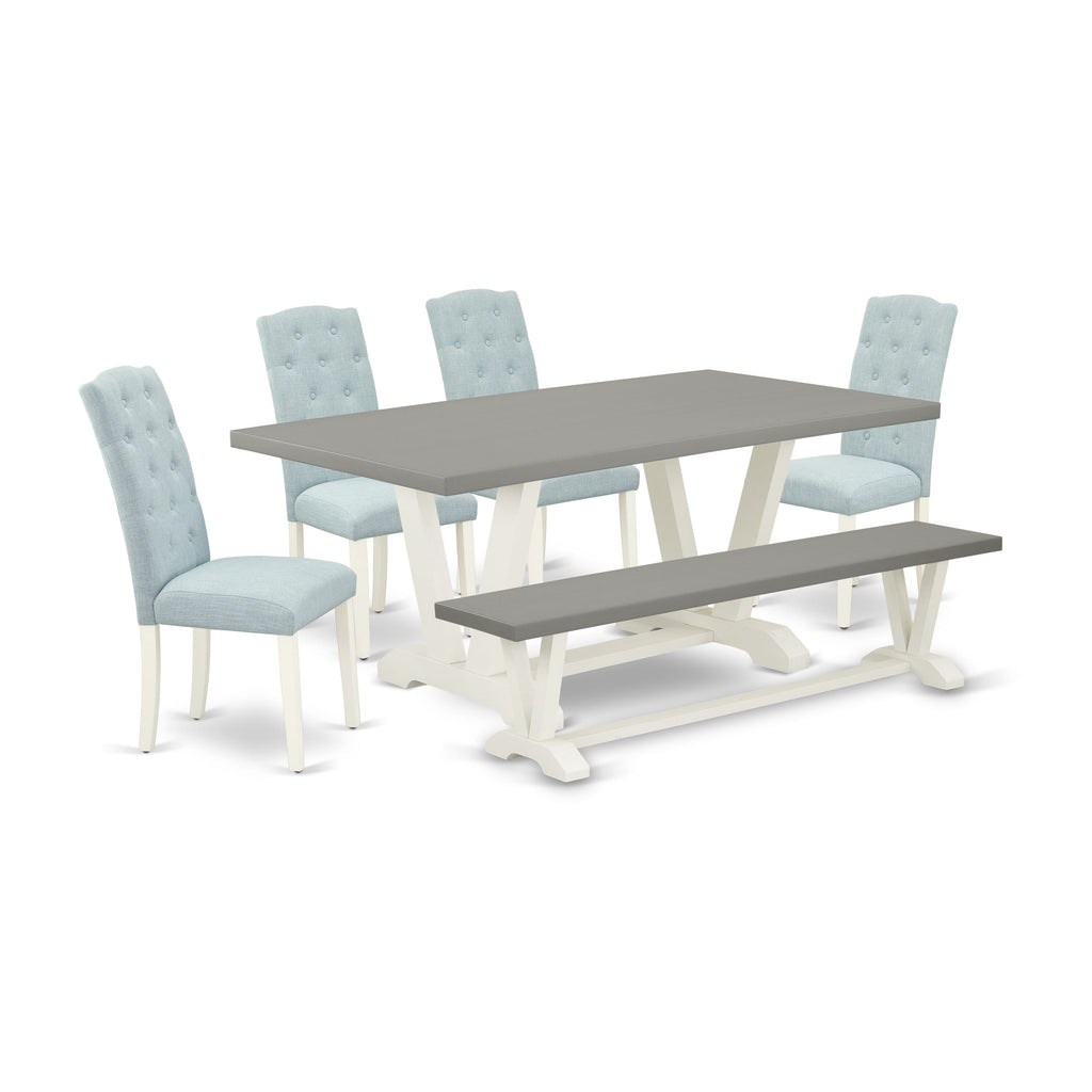 V097CDPE7-I Dining Set 6 Piece Set with Rectangle Table, V-Legs, 4 Light Blue Upholstered Chairs, & Bench