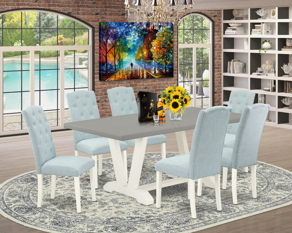 V097C3PG4-0 7-Piece Dining Ensemble Featuring Rectangle Table with V-Legs & 6 Linen Chairs
