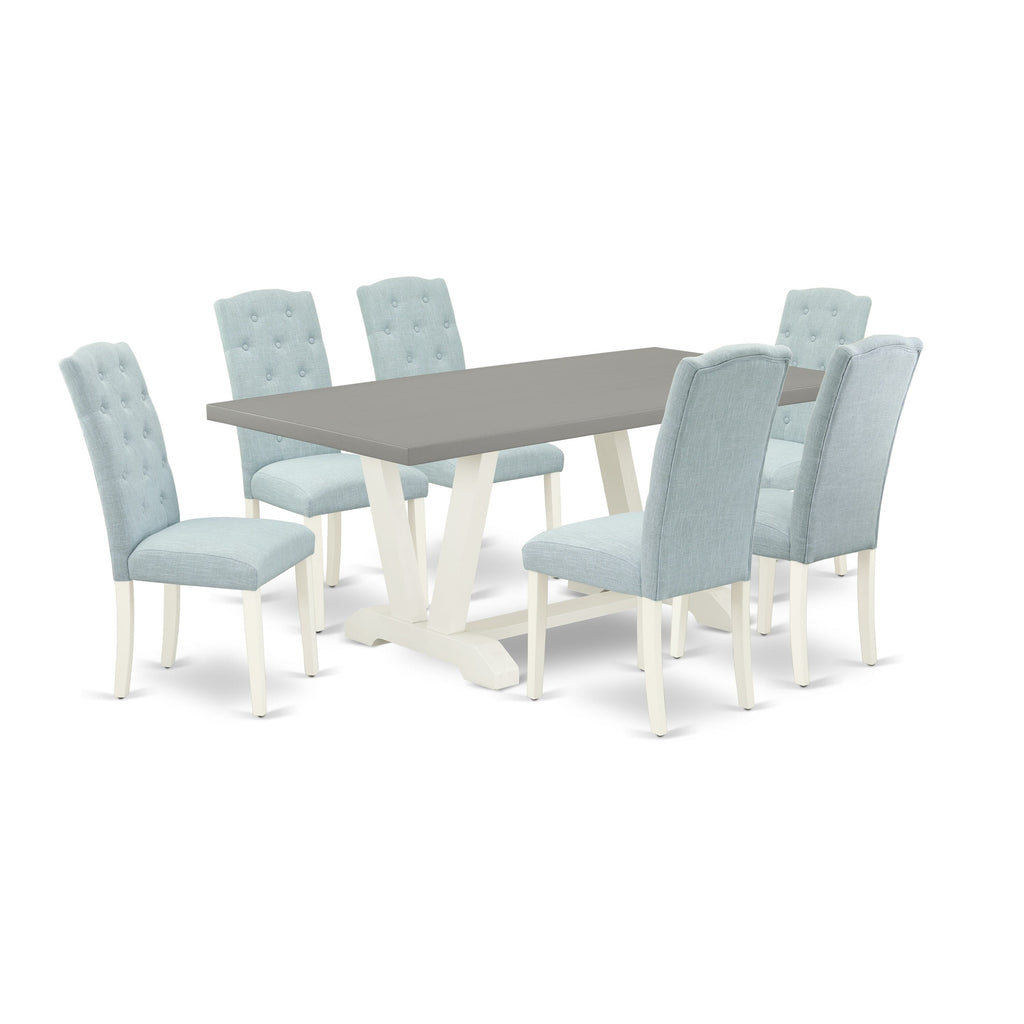V097C3PG4-0 7-Piece Dining Ensemble Featuring Rectangle Table with V-Legs & 6 Linen Chairs