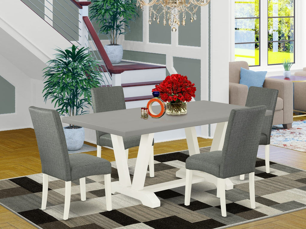 V097D0HET-C 5 Piece Dining Room Set V-Leg Rectangular Table and 4 Stylish Gray Linen Seats, 40x72 Inch, Multi-Color