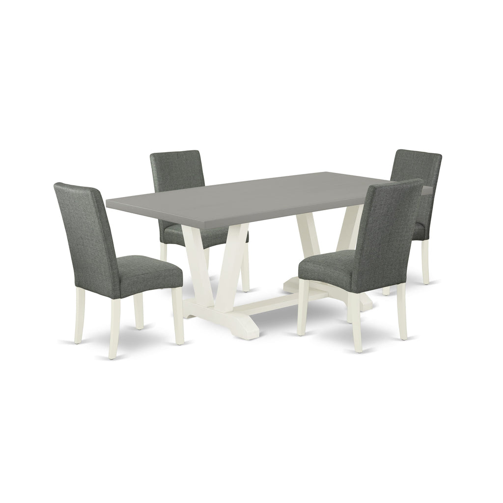 V097D0HET-C 5 Piece Dining Room Set V-Leg Rectangular Table and 4 Stylish Gray Linen Seats, 40x72 Inch, Multi-Color