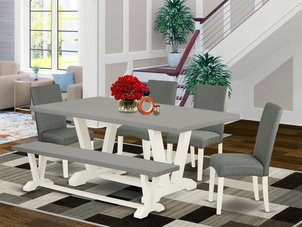 V097DNOWI-H Dining Set 6-Piece Set with Rectangular Table, V-Legs, 4 Linen Chairs, and Bench, Multi-Hue Bliss