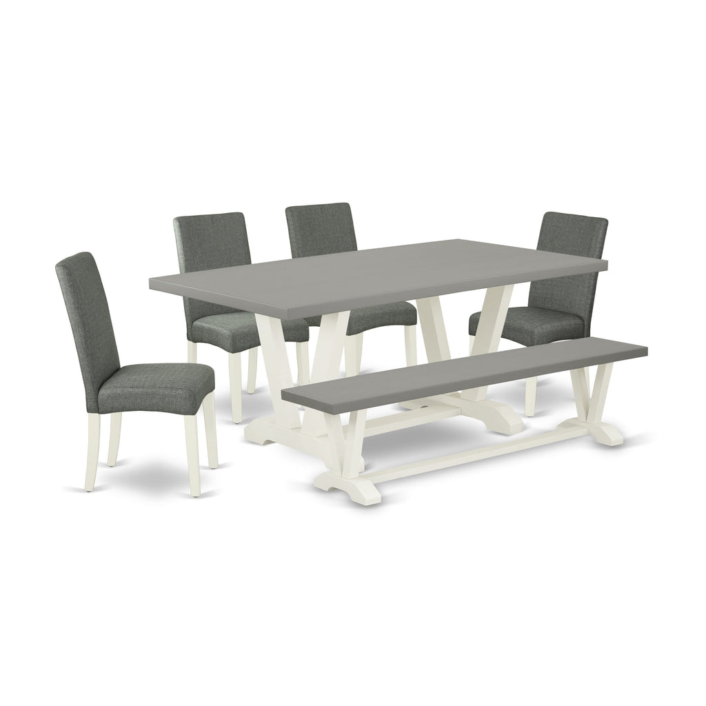V097DNOWI-H Dining Set 6-Piece Set with Rectangular Table, V-Legs, 4 Linen Chairs, and Bench, Multi-Hue Bliss