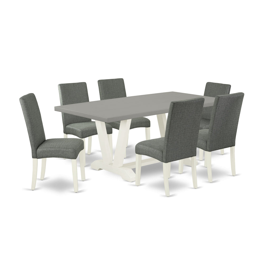 V097DTLY0-U 7-Piece Dining Room Collection with V-Leg Rectangle Table and Gray Linen Chairs, 40x72 in, Multicolor