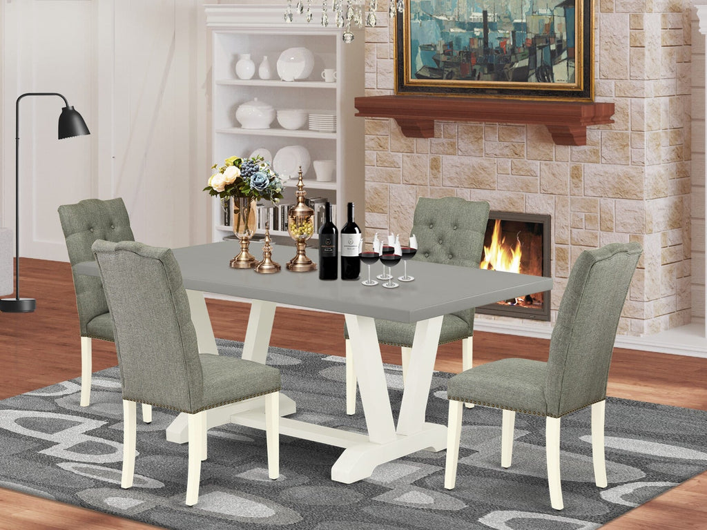 V097EY713-H 5-Piece Dining Suite with V-Leg Wooden Table and 4 Upholstered Gray Linen Chairs, Multicolor, 40x72