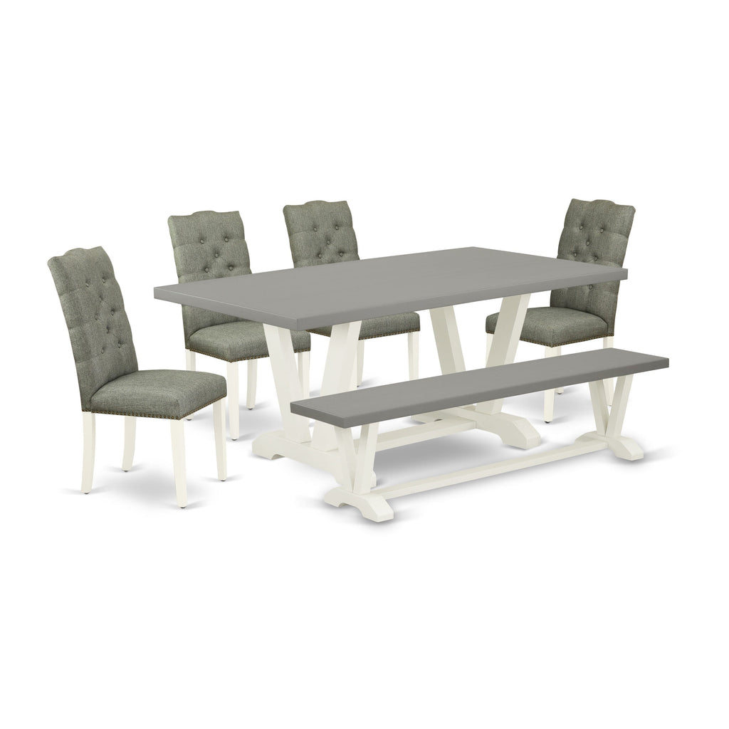 V097E0273-0 6-Piece Dining Ensemble with Rectangular Table, V-Legs, Gray Chairs & Bench Set, 40x72