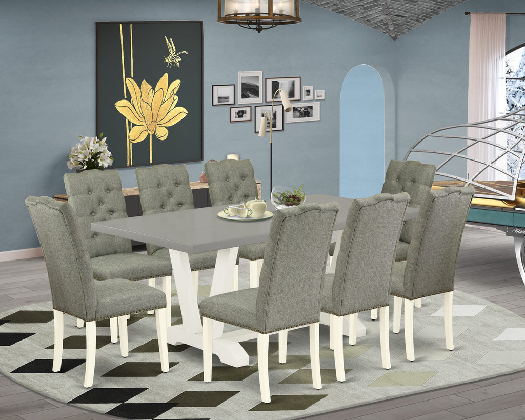 Dining Collection V097EUAHY-4 9-Piece Rectangular Table Set with V-Legs & 8 Parson Chairs, Multi-Colored Gray, 40x72 Inch