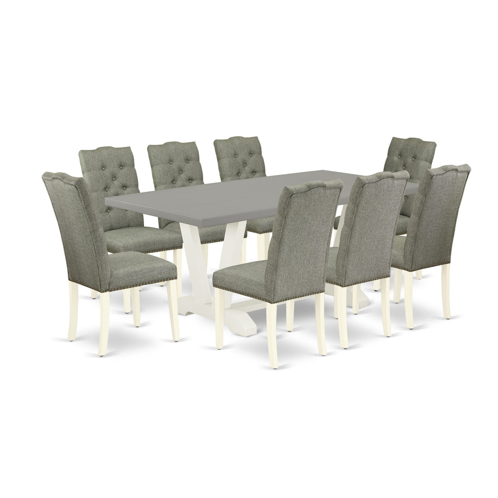 Dining Collection V097EUAHY-4 9-Piece Rectangular Table Set with V-Legs & 8 Parson Chairs, Multi-Colored Gray, 40x72 Inch