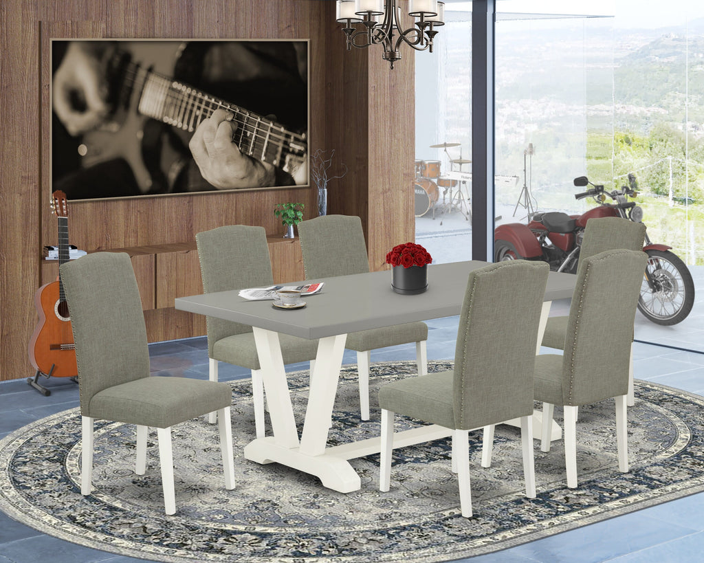 V097E2AZO-K 7-Piece Contemporary Dining Set with V-Leg Table & 6 Upholstered Shitake Chairs