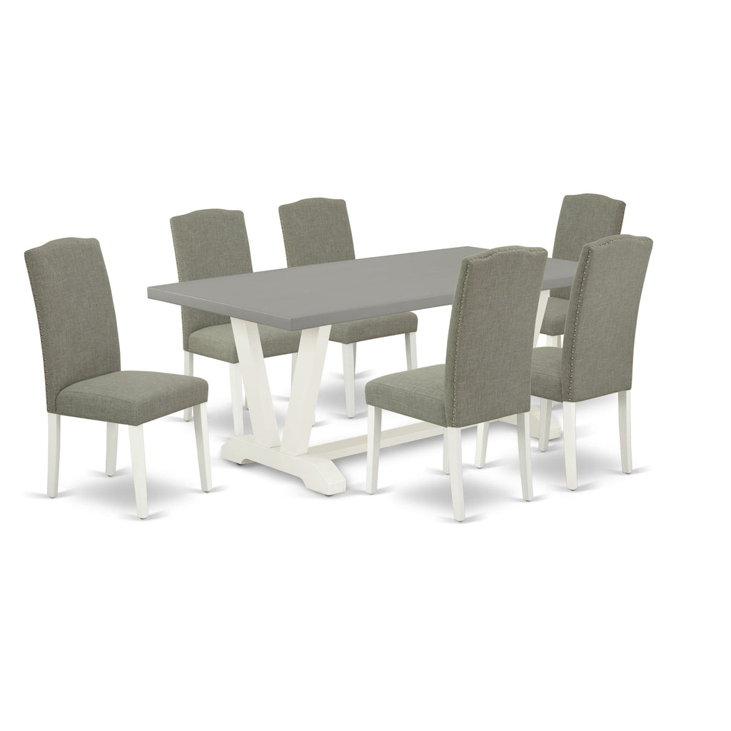 V097E2AZO-K 7-Piece Contemporary Dining Set with V-Leg Table & 6 Upholstered Shitake Chairs