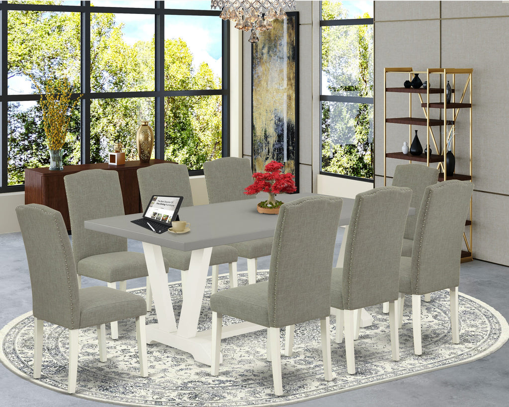V097EIHKT-5 9-Piece Dining Ensemble Rectangular Table with V-Style Legs & 8 Parson Chairs in Linen, 40x72 Multi-Hued