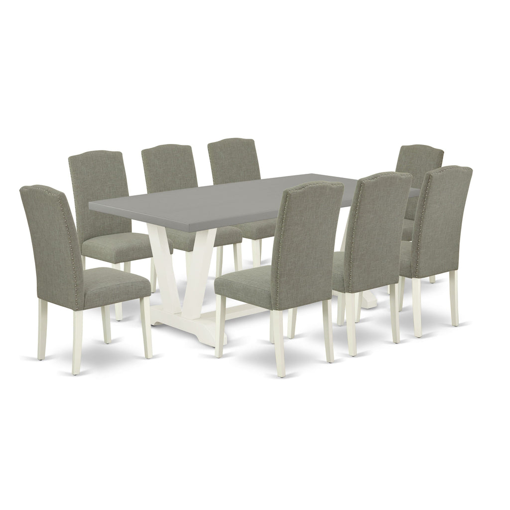 V097EIHKT-5 9-Piece Dining Ensemble Rectangular Table with V-Style Legs & 8 Parson Chairs in Linen, 40x72 Multi-Hued