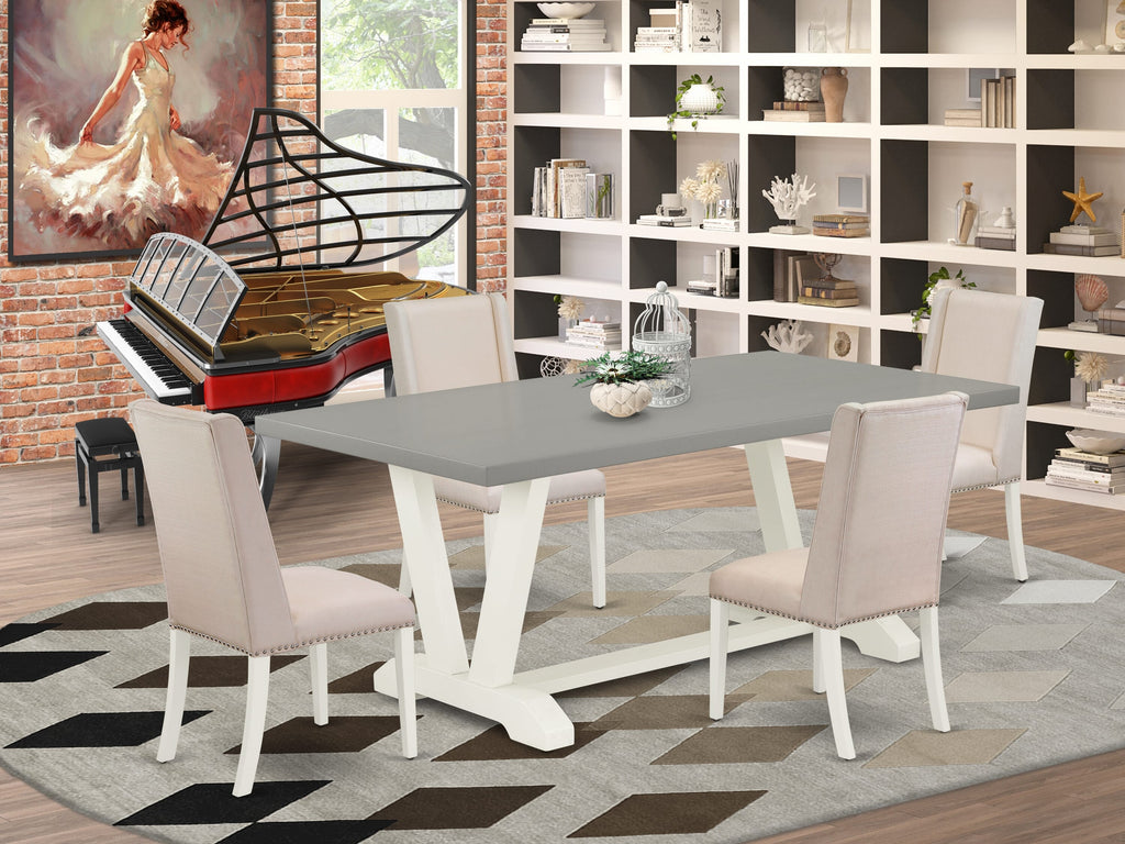 V097FKWSY-Q Stylish 5-Piece Dining Set with V-Shaped Legs and Cream Upholstered Chairs, 40x72