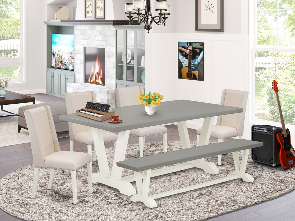 V097FI7TV-I 6-Piece Dining Set with Rectangle Table, 4 Cream Fabric Chairs & Bench, Multi-Tone Charm 40x72