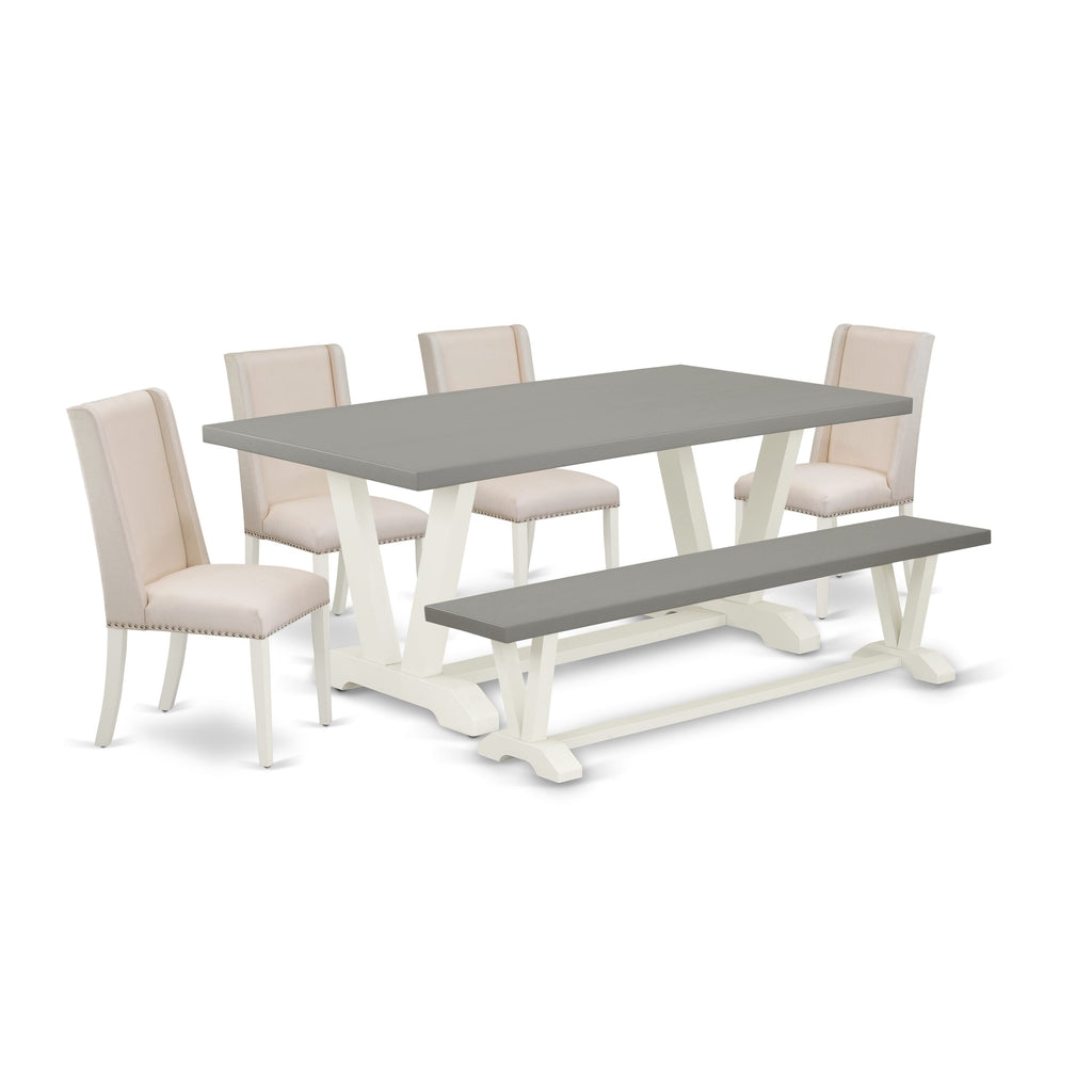 V097FI7TV-I 6-Piece Dining Set with Rectangle Table, 4 Cream Fabric Chairs & Bench, Multi-Tone Charm 40x72