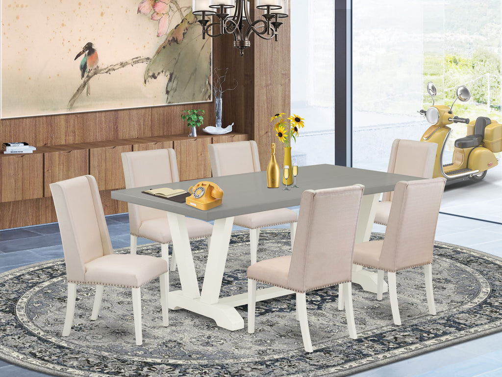 V097F8AWM-S Rectangle Dining Set, V-Legs with 6 Cream Linen Parson Chairs, Multi-Color Elegance, 40x72