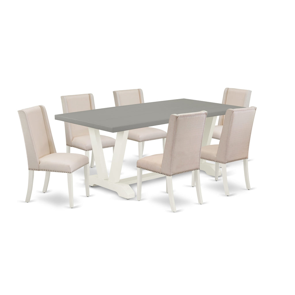 V097F8AWM-S Rectangle Dining Set, V-Legs with 6 Cream Linen Parson Chairs, Multi-Color Elegance, 40x72