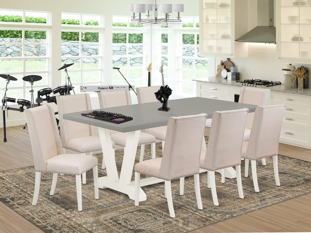 V097F62PJ-L Multi-Color 9-Piece Dining Set with Rectangle Table and V-Leg Design, Cream Linen Chairs