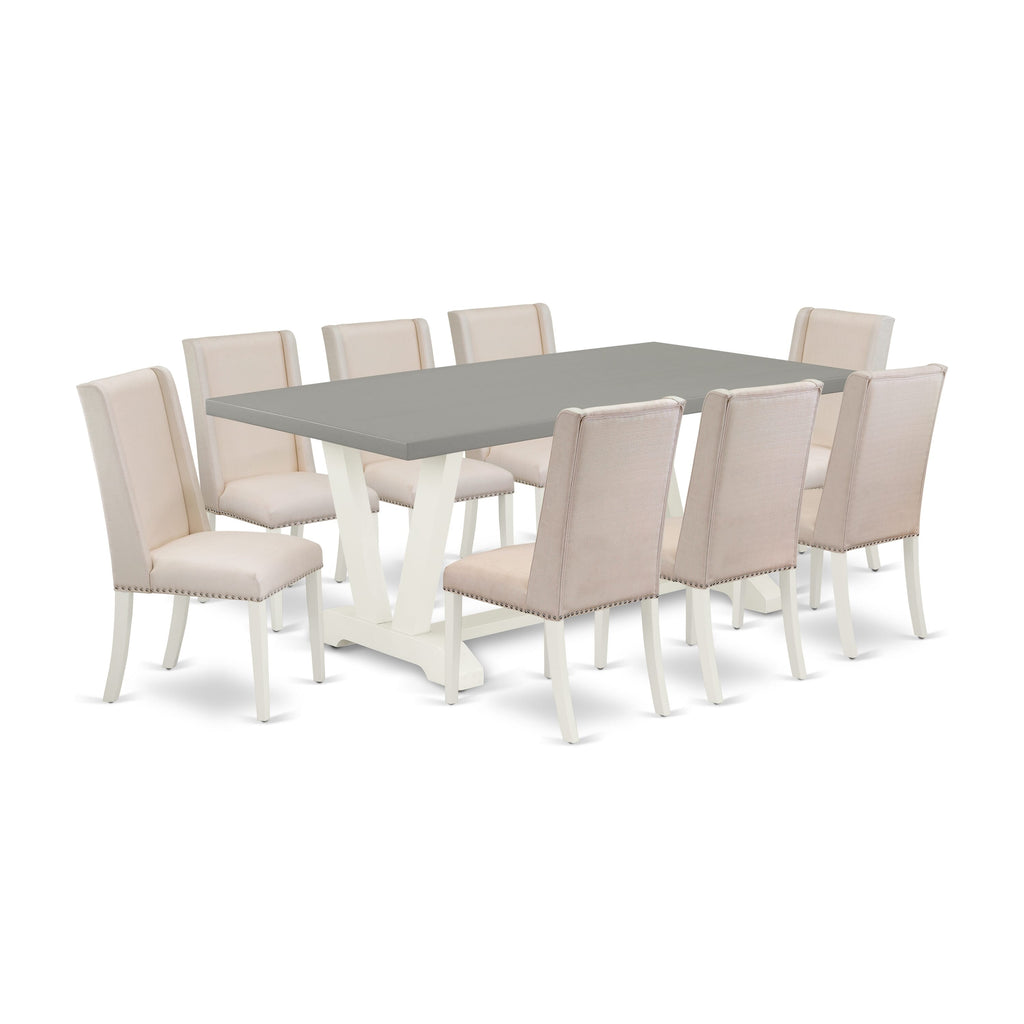 V097F62PJ-L Multi-Color 9-Piece Dining Set with Rectangle Table and V-Leg Design, Cream Linen Chairs