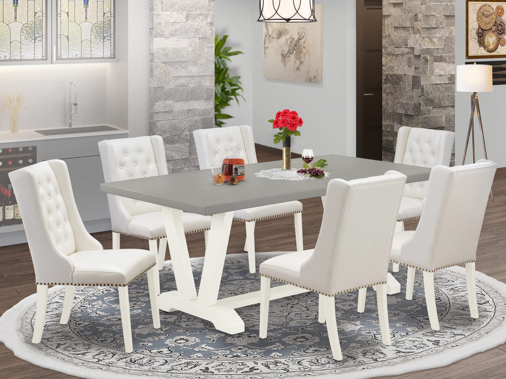 V097FY1HY-P 7-Piece Dining Ensemble with V-Style Legs and Six Upholstered Light Grey Chairs, 72 Rectangular Surface