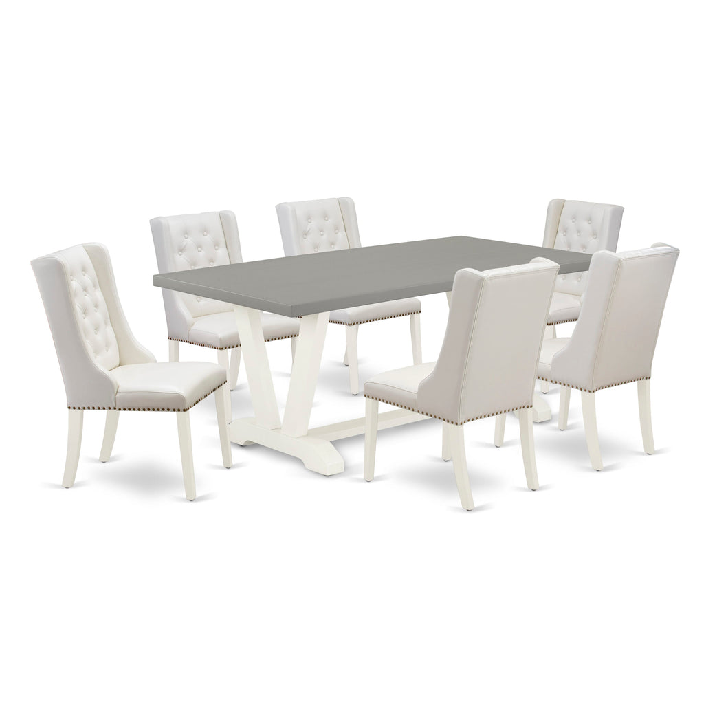 V097FY1HY-P 7-Piece Dining Ensemble with V-Style Legs and Six Upholstered Light Grey Chairs, 72 Rectangular Surface