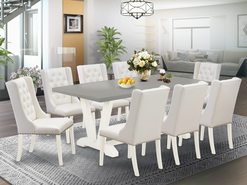 V097F9VOM-B Kitchen Set 9-Piece Dining Ensemble with Rectangular Table, V-Legs & 8 Light Grey Faux Leather Chairs, 40x72, Multi-Color