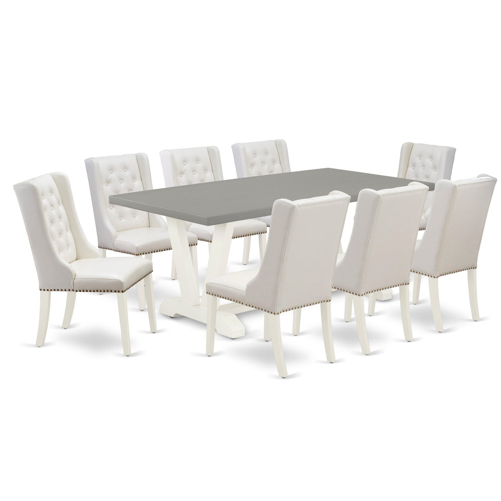 V097F9VOM-B Kitchen Set 9-Piece Dining Ensemble with Rectangular Table, V-Legs & 8 Light Grey Faux Leather Chairs, 40x72, Multi-Color