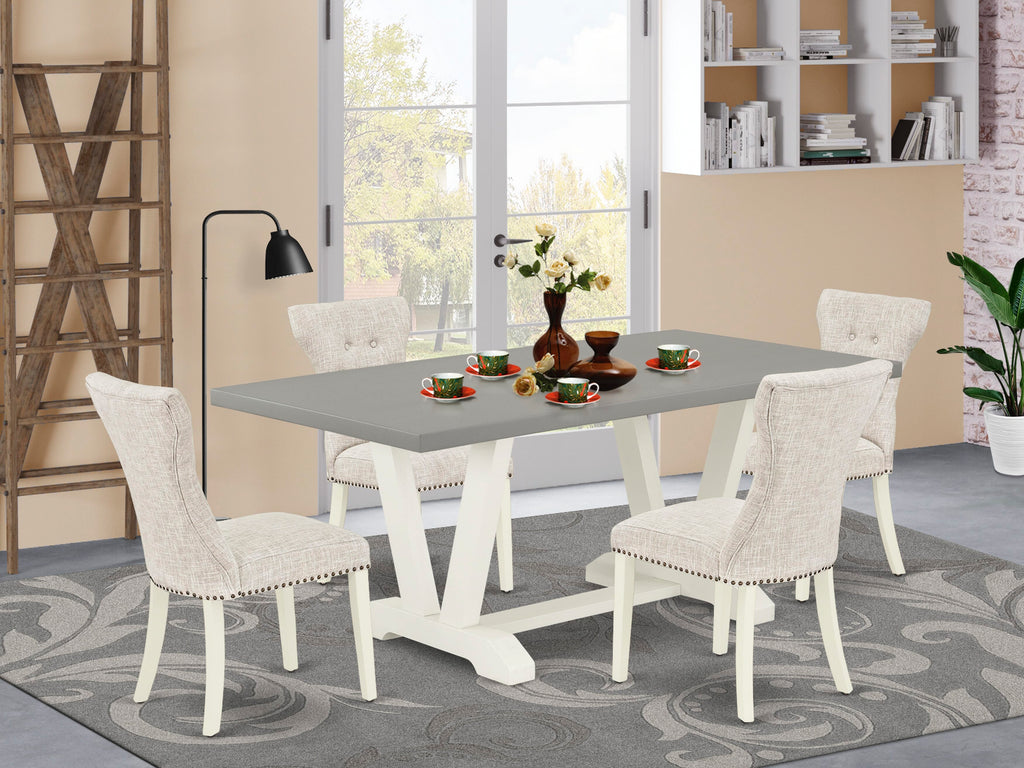 V097GRN9N-C 5-Piece Dining Set featuring Rectangle Table with Stylish V-Legs and 4 Plush Parsons Chairs with Doeskin Linen, 40x72 Inch, Multi-Color Elegance