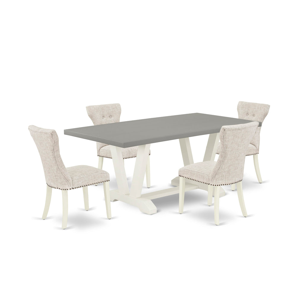 V097GRN9N-C 5-Piece Dining Set featuring Rectangle Table with Stylish V-Legs and 4 Plush Parsons Chairs with Doeskin Linen, 40x72 Inch, Multi-Color Elegance