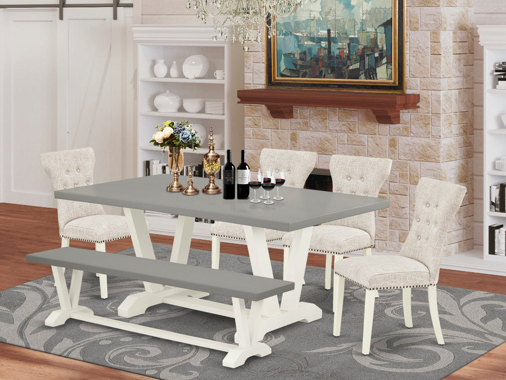 V097G46U6-L Dining Ensemble with V-Leg Table, 4 Doeskin Parson Chairs & Bench, 40x72, Multi-Color