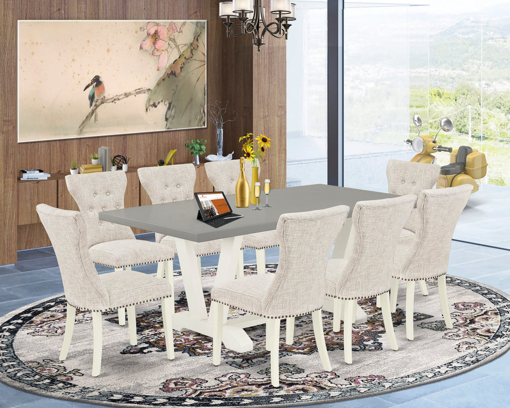 V097G0SBN-8 Elegant 9-Piece Dining Ensemble with V-Legged Table and Linen Chairs, Multi-Shade Palette