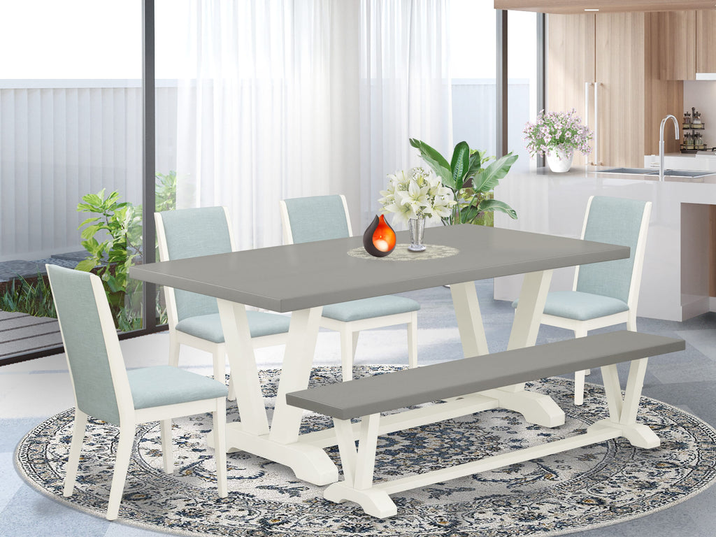 V097LB8T9-V Six-Piece Dining Set with V-Legged Table & Chairs Plus Bench in Blue & Multi-Color