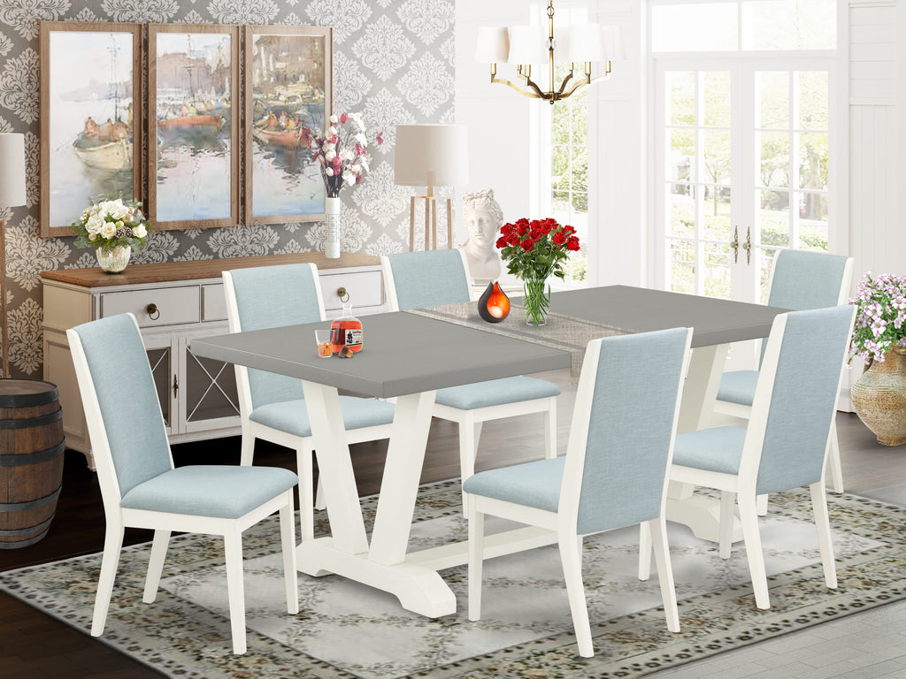 V097LTX0L-M 7-Piece Dining Ensemble V-Leg Table and Linen Chairs - Multi-Color Charm