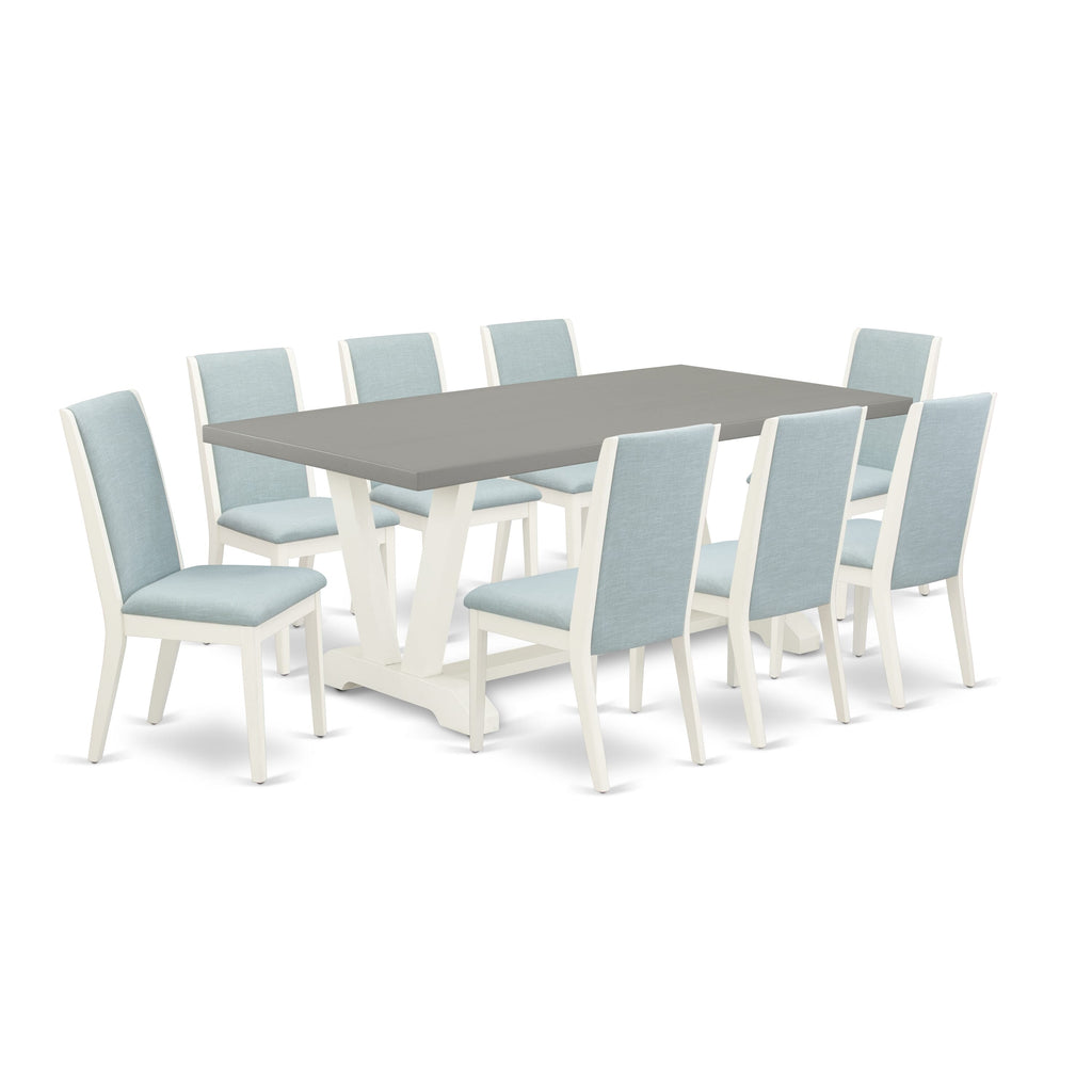 V-Line Dining Set V097L96WG-N Stylish 9-Piece Dining Ensemble with V-Leg Table and Baby Blue Accent