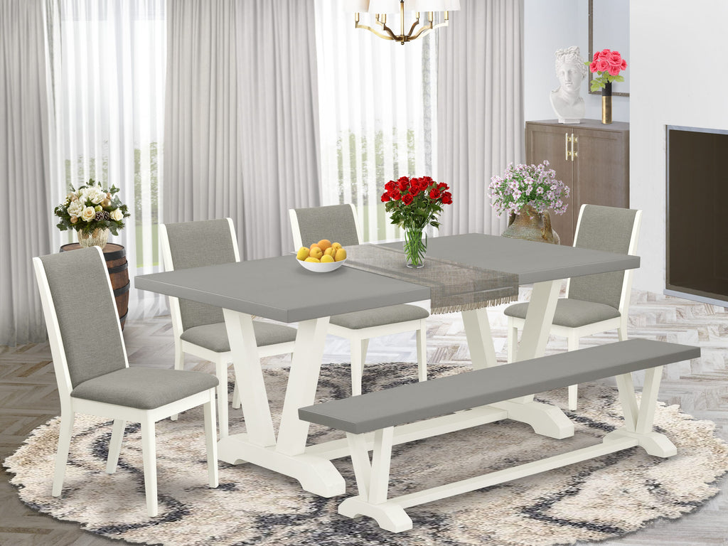 Dining Set V097L00ZT-9, Includes 6 Items Rectangle Table and V-Leg Design with 4 Parson Chairs and Bench in Shitake Linen Upholstery, 40x72 Size, Varied Colors
