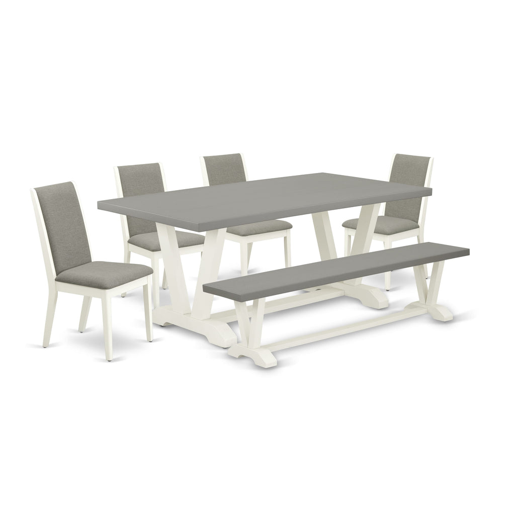 Dining Set V097L00ZT-9, Includes 6 Items Rectangle Table and V-Leg Design with 4 Parson Chairs and Bench in Shitake Linen Upholstery, 40x72 Size, Varied Colors