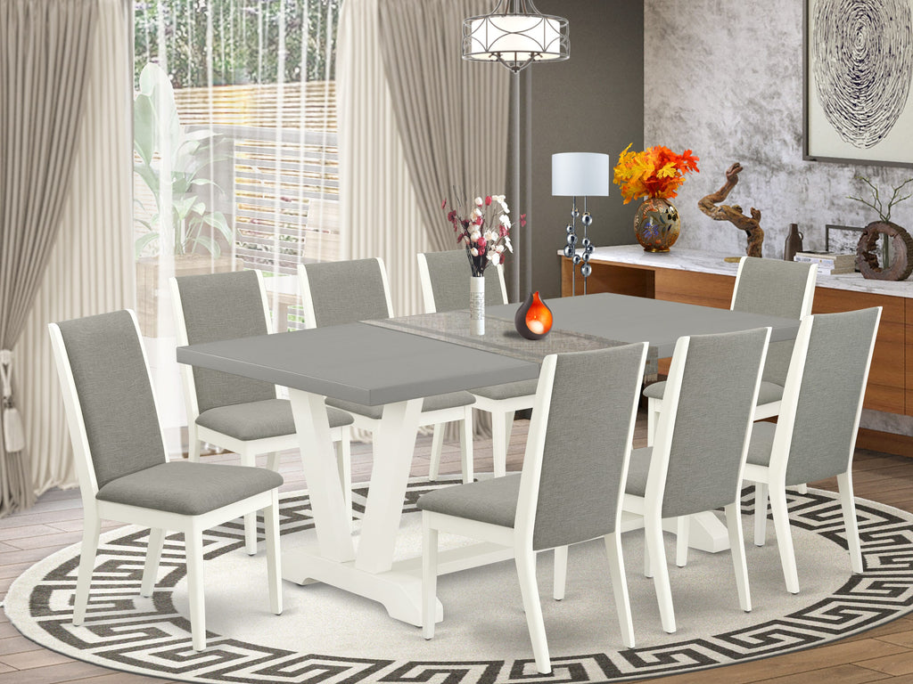 V097L5DCN-L Dining Set 9-Piece Rectangle Table with V-Legs, 8 Parson Chairs in Linen, Multi-Color, 40x72 Vibe