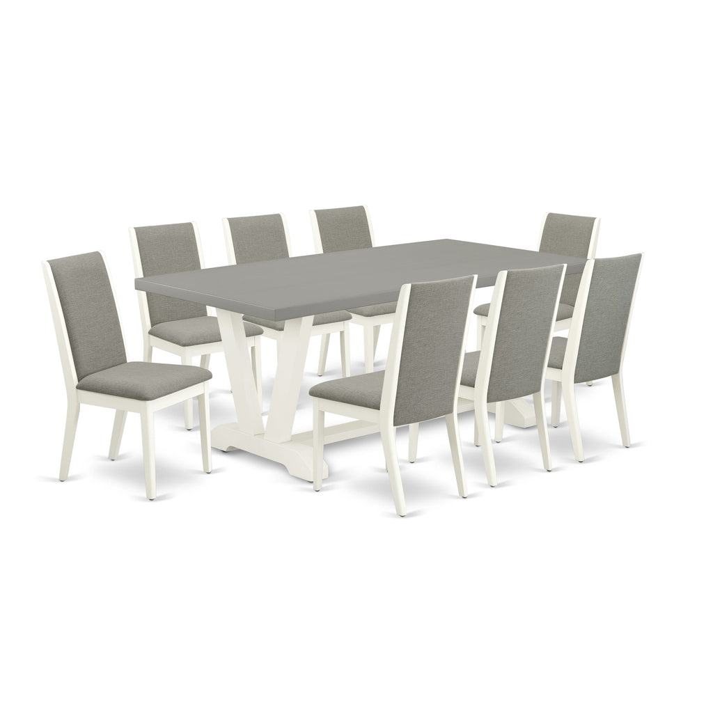 V097L5DCN-L Dining Set 9-Piece Rectangle Table with V-Legs, 8 Parson Chairs in Linen, Multi-Color, 40x72 Vibe