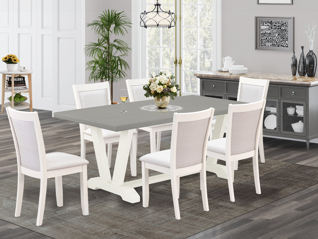 V097MD5BW-Y 7-Piece Dining Set Rectangular Table with V-Legs and 6 Cream Linen Chairs, Multi-Colored, 40x72