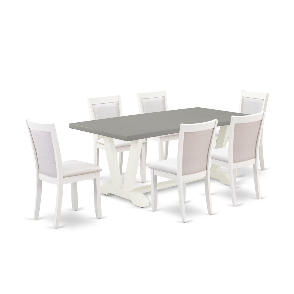 V097MD5BW-Y 7-Piece Dining Set Rectangular Table with V-Legs and 6 Cream Linen Chairs, Multi-Colored, 40x72