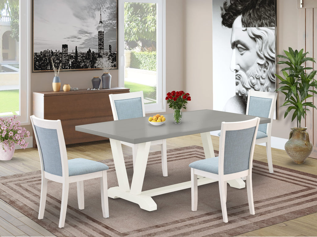 V097MIAZ4-5 5-Piece Dining Set - Rectangular Table with V-Legs & 4 Parson Chairs in Baby Blue Linen, 40x72