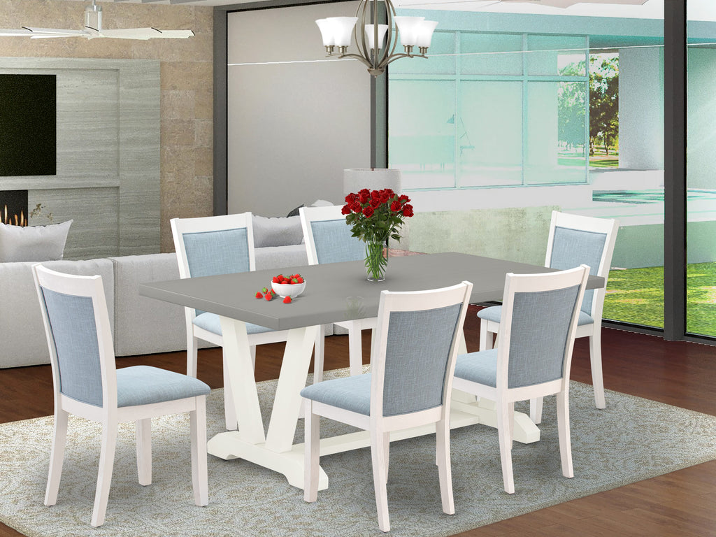 V097MSHF0-J 7-Piece Set Rectangular Table with V-Legs & 6 Blue Upholstered Chairs, 40x72