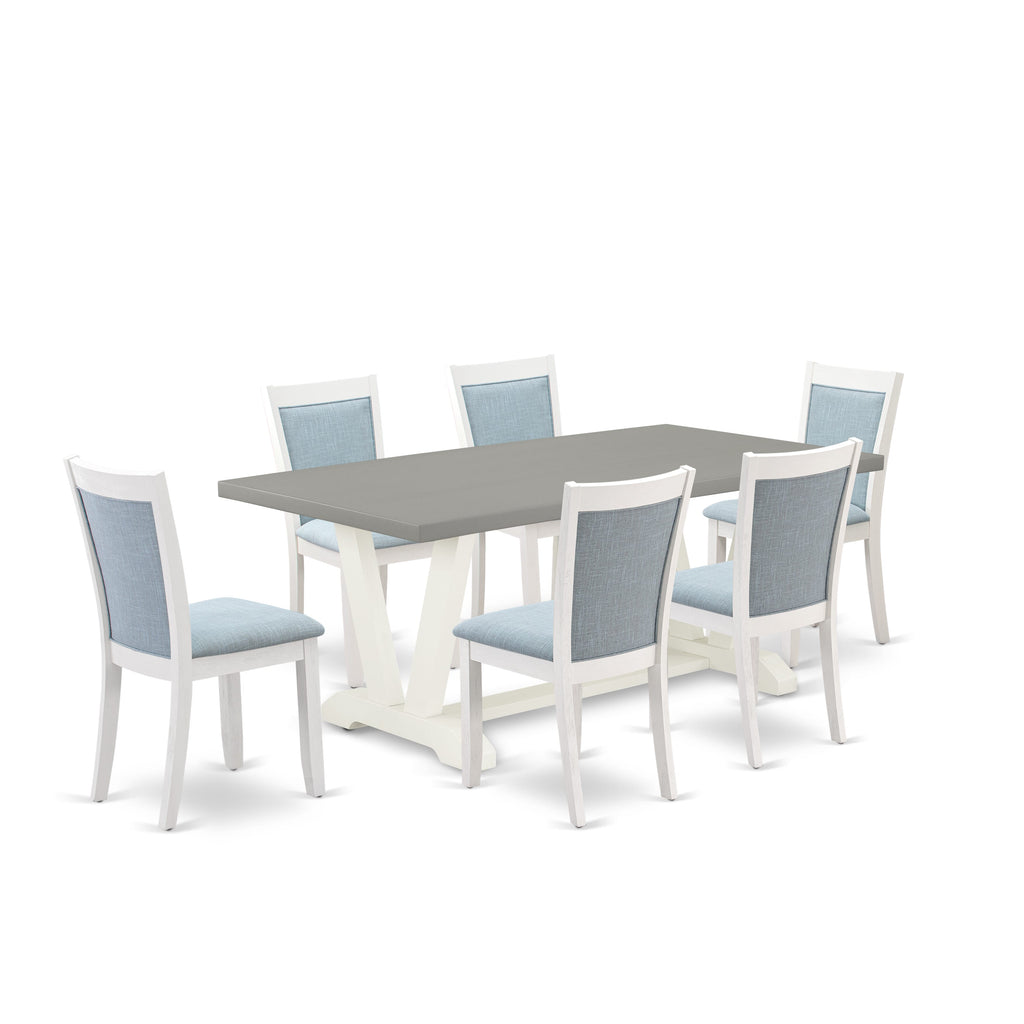 V097MSHF0-J 7-Piece Set Rectangular Table with V-Legs & 6 Blue Upholstered Chairs, 40x72