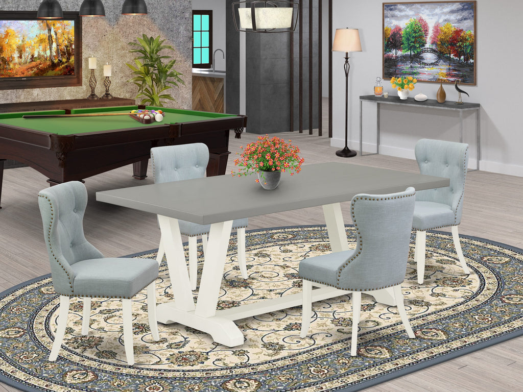 V097SC842-O 5 Piece Dining Set with V-Legs Table & 4 Baby Blue Linen Chairs, 40x72, Multi-Color