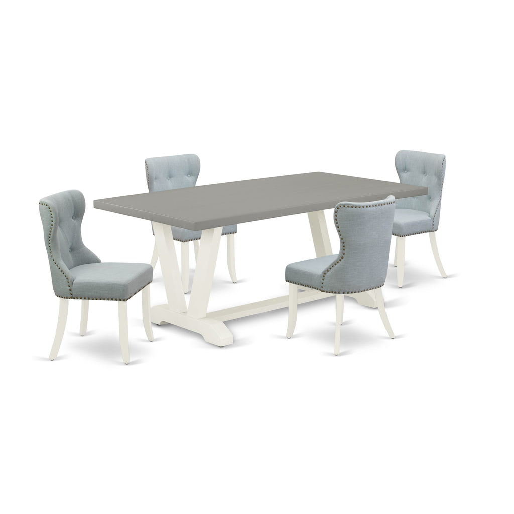 V097SC842-O 5 Piece Dining Set with V-Legs Table & 4 Baby Blue Linen Chairs, 40x72, Multi-Color