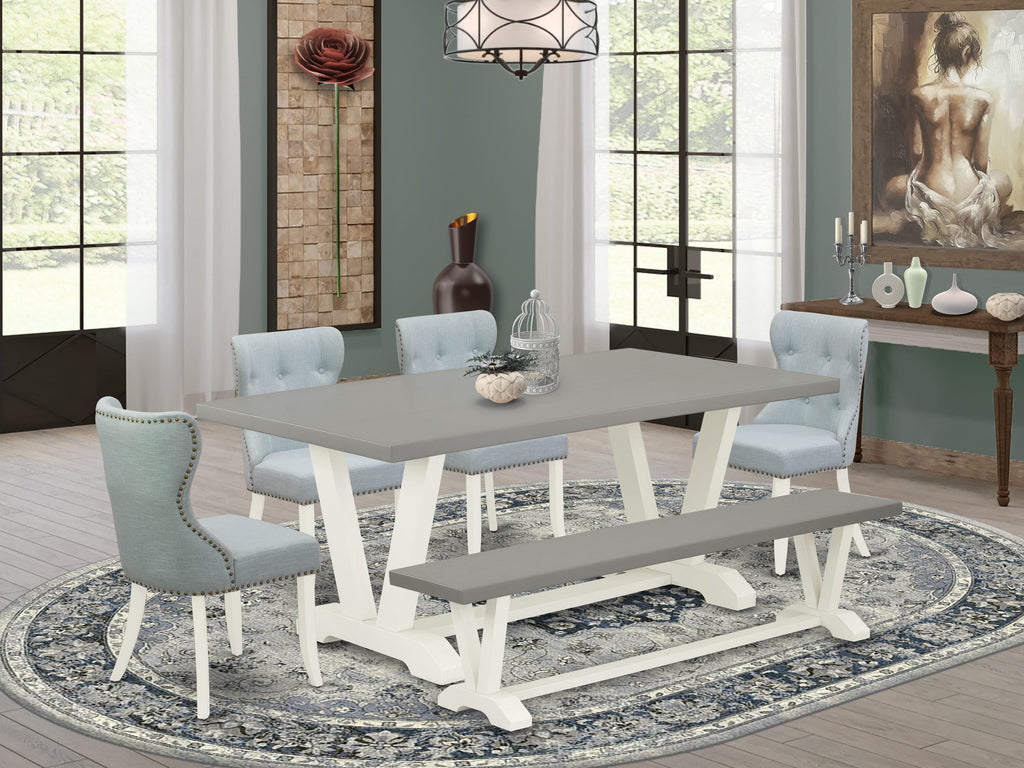 V097S7YQ7-5 Stylish 6-Piece Rectangle Dining Set with V-Legs, Bench & 4 Blue Upholstered Chairs, Multicolor, 40x72