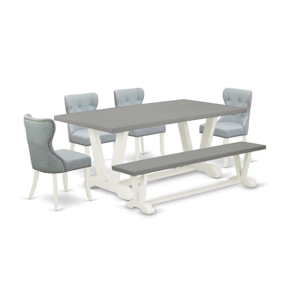 V097S7YQ7-5 Stylish 6-Piece Rectangle Dining Set with V-Legs, Bench & 4 Blue Upholstered Chairs, Multicolor, 40x72