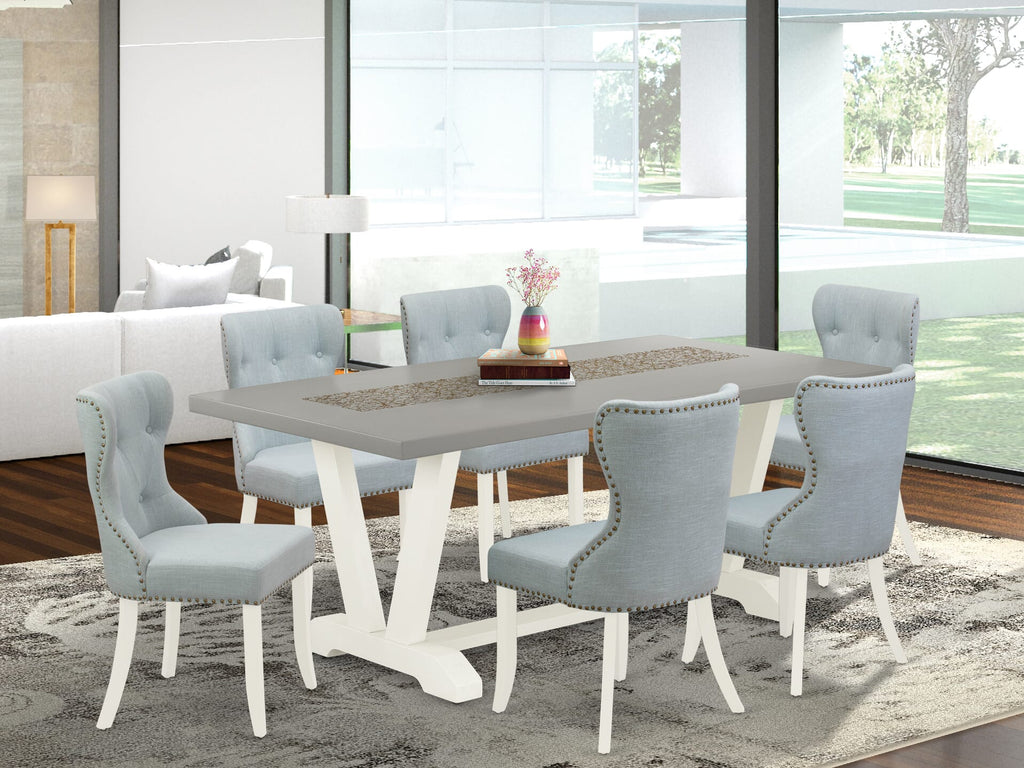V097SQJHN-D 7-Piece Set Rectangular Table with V-Legs & 6 Blue Linen Parsons Chairs, 40x72